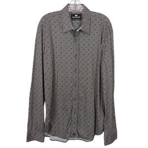 Buttercloth Men XL Button-Up Black Gold Shirt Geometric Chess Print Long Sleeve